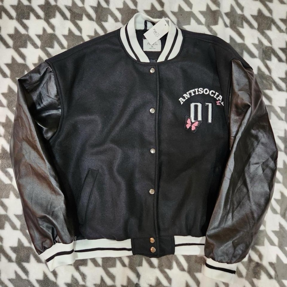 Rue 21 Black & White Anti Social Club Pink Butterfly Jacket size XL